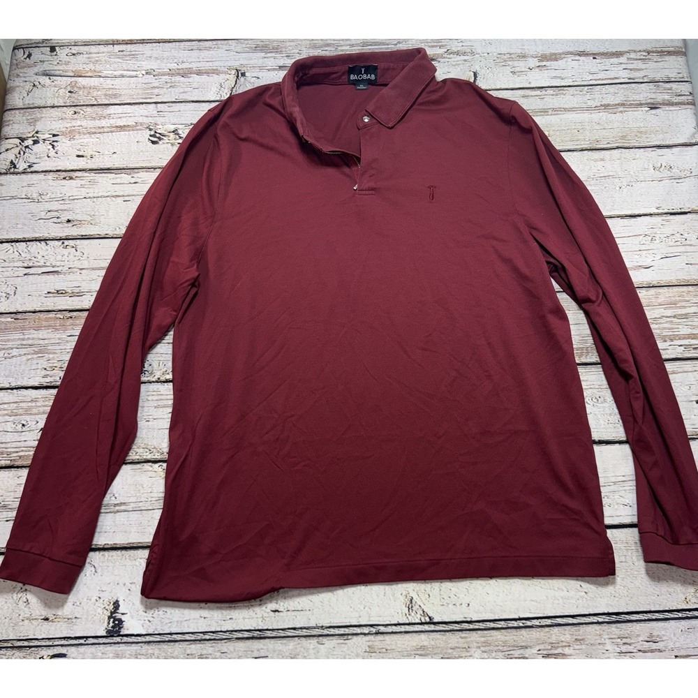 Baobab Zip Polo Shirt Mens 2XL Dark Red Long Sleeve Pima Cotton Peru